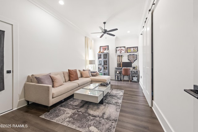100 Catamaran Dr, Youngsville, LA 70592 - living area with ceiling fan, crown molding, recessed lighting, and dark wood finished floors