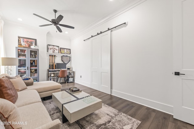 100 Catamaran Dr, Youngsville, LA 70592 - living room with ceiling fan, an office area, crown molding, dark wood-type flooring, and recessed lighting