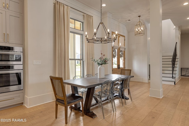 106 Sonoma Way, Lafayette, LA 70508 - dining area with a chandelier, stairway, light wood-style flooring, recessed lighting, and ornamental molding
