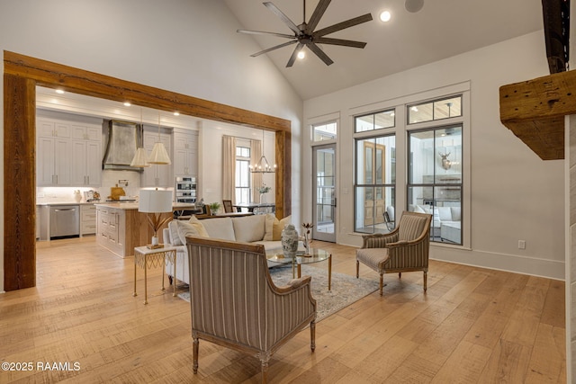 106 Sonoma Way, Lafayette, LA 70508 - living area featuring a ceiling fan, high vaulted ceiling, recessed lighting, and light wood-style floors