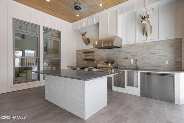 106 Sonoma Way, Lafayette, LA 70508 - kitchen with ventilation hood, wood ceiling, dishwashing machine, tasteful backsplash, and dark stone counters