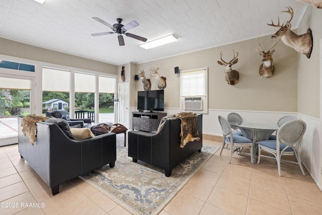 6302 Old Jeanerette Rd, New Iberia, LA 70563 - living area with crown molding, ceiling fan, light tile patterned floors, and cooling unit