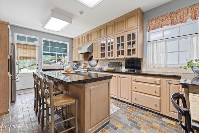 6302 Old Jeanerette Rd, New Iberia, LA 70563 - kitchen with under cabinet range hood, a breakfast bar, a kitchen island, backsplash, and glass insert cabinets