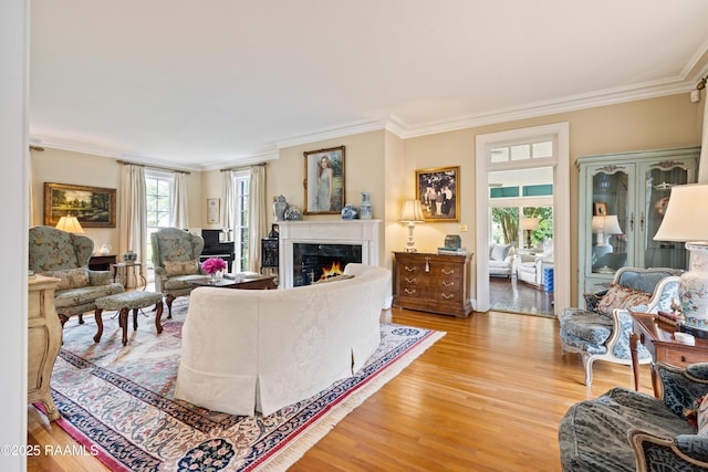 6302 Old Jeanerette Rd, New Iberia, LA 70563 - living room featuring crown molding, light wood-style flooring, and a warm lit fireplace