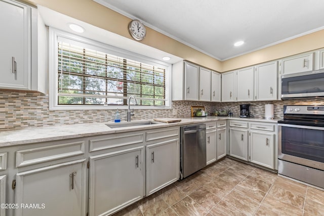 118 Garrigue Dr, Opelousas, LA 70570 - kitchen with stainless steel appliances, crown molding, healthy amount of natural light, and backsplash