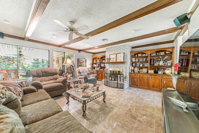 118 Garrigue Dr, Opelousas, LA 70570 - living area featuring a textured ceiling, a ceiling fan, beam ceiling, a brick fireplace, and crown molding