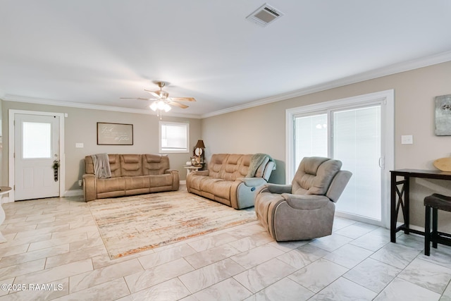 101 Barrow St, New Iberia, LA 70563 - living room featuring ornamental molding and ceiling fan