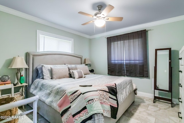 101 Barrow St, New Iberia, LA 70563 - bedroom featuring crown molding, a ceiling fan, and light marble finish floors