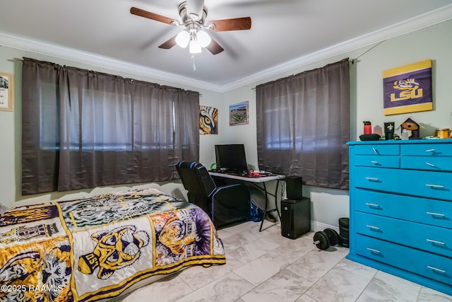101 Barrow St, New Iberia, LA 70563 - bedroom with a desk, ornamental molding, marble finish flooring, and a ceiling fan