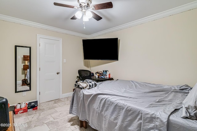 101 Barrow St, New Iberia, LA 70563 - bedroom featuring crown molding, a ceiling fan, and light marble finish floors