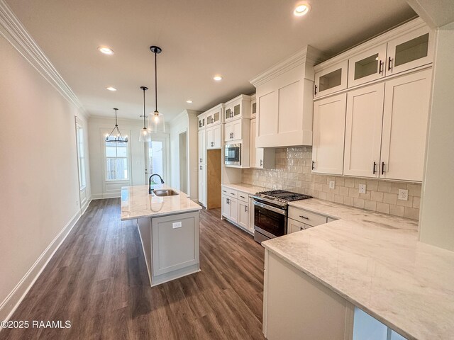 224 Trail Pointe Dr, Scott, LA 70583 - kitchen featuring stainless steel appliances, ornamental molding, dark wood-type flooring, white cabinetry, and decorative backsplash