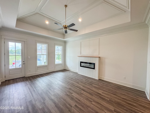 224 Trail Pointe Dr, Scott, LA 70583 - unfurnished living room with ornamental molding, dark wood-style floors, a ceiling fan, a tiled fireplace, and coffered ceiling
