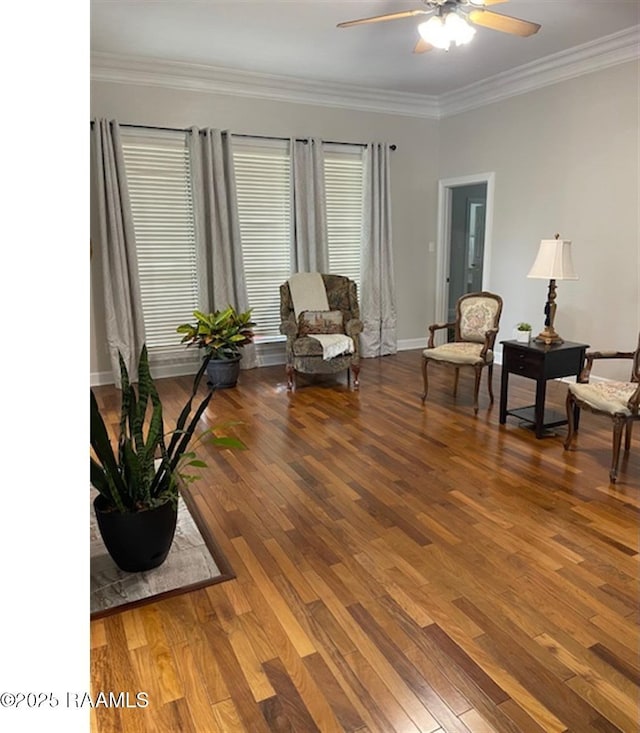 101 Asphodel Ct, Lafayette, LA 70503 - living area featuring ceiling fan, wood finished floors, and crown molding
