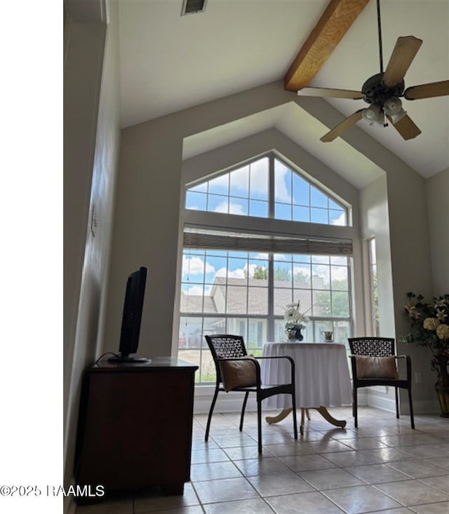 101 Asphodel Ct, Lafayette, LA 70503 - living room with high vaulted ceiling, light tile patterned floors, beam ceiling, and a ceiling fan