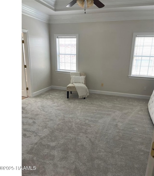 101 Asphodel Ct, Lafayette, LA 70503 - unfurnished room with ornamental molding, a ceiling fan, plenty of natural light, carpet flooring, and a tray ceiling