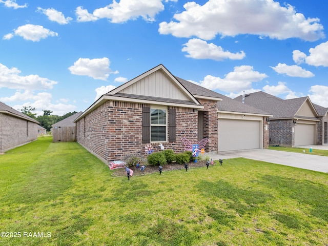 107 Southern Oak Dr, Lafayette, LA 70507 - view of front of home with brick siding, board and batten siding, concrete driveway, a garage, and a front lawn