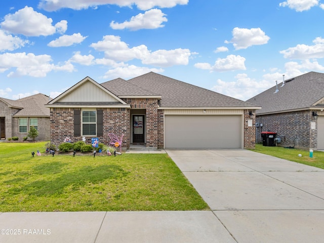 107 Southern Oak Dr, Lafayette, LA 70507 - single story home featuring brick siding, a garage, a front lawn, driveway, and roof with shingles
