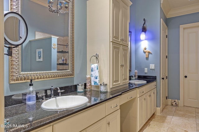 104 Littleton Xing, Lafayette, LA 70508 - bathroom featuring double vanity, ornamental molding, and tile patterned flooring