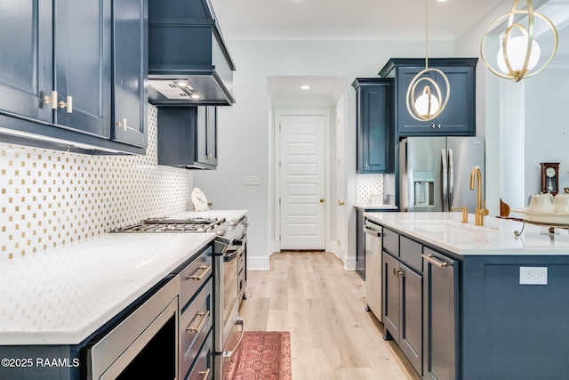 604 Channel Dr, Broussard, LA 70518 - kitchen featuring appliances with stainless steel finishes, ornamental molding, light wood-style flooring, light countertops, and decorative backsplash