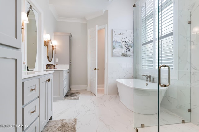 604 Channel Dr, Broussard, LA 70518 - full bath with vanity, a marble finish shower, a soaking tub, crown molding, and marble finish floors