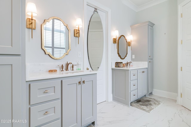 604 Channel Dr, Broussard, LA 70518 - full bathroom with marble look tiles, two vanities, and ornamental molding
