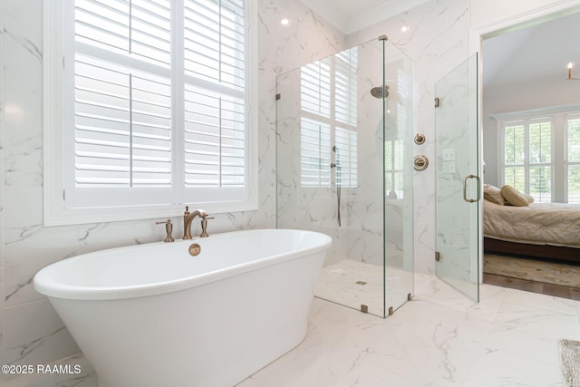 604 Channel Dr, Broussard, LA 70518 - ensuite bathroom with a marble finish shower, marble tiled flooring, and a freestanding bath