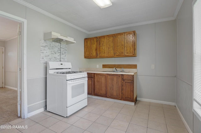 204 Doc Duhon St, Lafayette, LA 70501 - kitchen featuring white range with gas stovetop, range hood, brown cabinets, ornamental molding, and light countertops