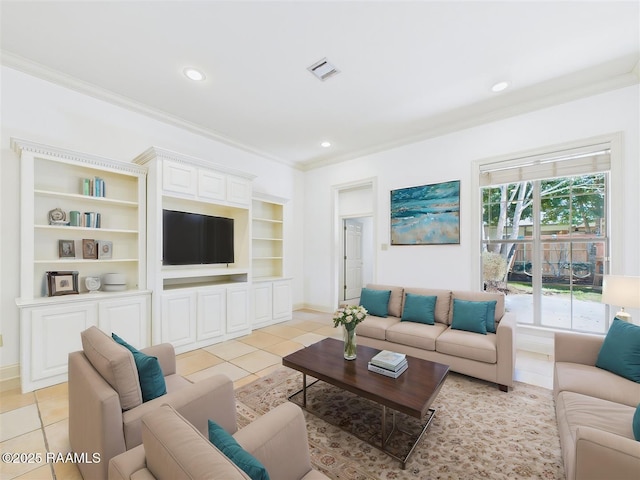 101 Lockeport Cir, Lafayette, LA 70508 - living area featuring ornamental molding, light tile patterned flooring, recessed lighting, and built in shelves