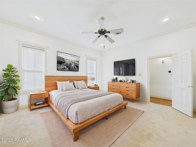 101 Lockeport Cir, Lafayette, LA 70508 - bedroom with crown molding, light carpet, recessed lighting, and ceiling fan