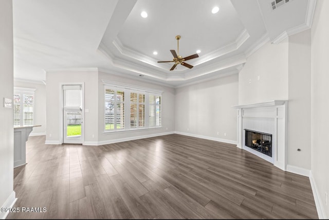 413 Easy Rock Landing Dr, Broussard, LA 70518 - unfurnished living room featuring a ceiling fan, a fireplace, dark wood-style floors, ornamental molding, and recessed lighting