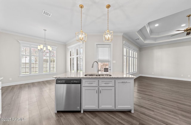 413 Easy Rock Landing Dr, Broussard, LA 70518 - kitchen featuring stainless steel dishwasher, open floor plan, a chandelier, ornamental molding, and dark wood-type flooring