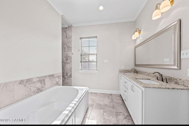 413 Easy Rock Landing Dr, Broussard, LA 70518 - bathroom featuring crown molding, double vanity, a bath, and marble finish flooring