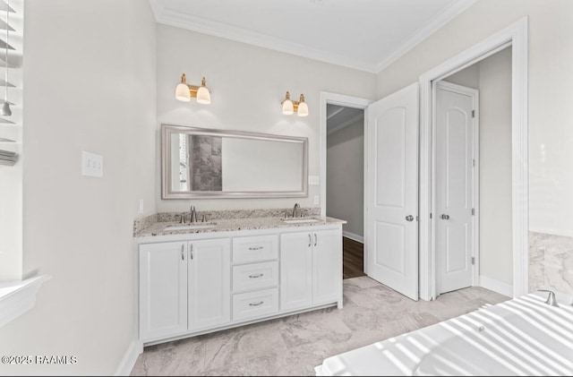413 Easy Rock Landing Dr, Broussard, LA 70518 - bathroom with marble look tiles, double vanity, ornamental molding, and a bathtub