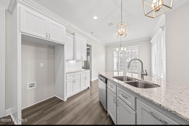 413 Easy Rock Landing Dr, Broussard, LA 70518 - kitchen featuring a chandelier, stainless steel dishwasher, dark wood-type flooring, white cabinets, and ornamental molding