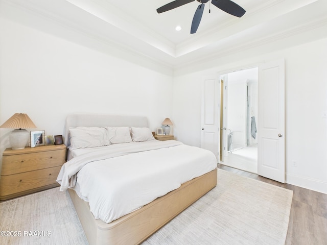207 Timber Mill St, Lafayette, LA 70508 - bedroom with ornamental molding, wood finished floors, a tray ceiling, recessed lighting, and a ceiling fan