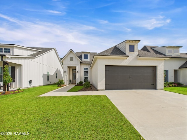207 Timber Mill St, Lafayette, LA 70508 - view of front of property featuring driveway, an attached garage, a shingled roof, board and batten siding, and a front lawn