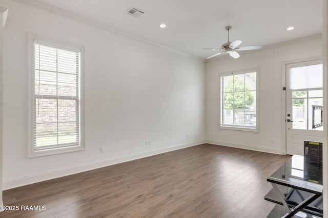 118 Rue Argenteuil, Lafayette, LA 70506 - unfurnished living room featuring ornamental molding, wood finished floors, a ceiling fan, and recessed lighting