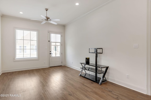 118 Rue Argenteuil, Lafayette, LA 70506 - doorway featuring wood finished floors, ornamental molding, ceiling fan, and recessed lighting