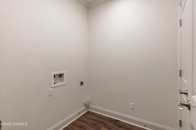 118 Rue Argenteuil, Lafayette, LA 70506 - washroom featuring electric dryer hookup, hookup for a washing machine, dark wood-style flooring, and crown molding