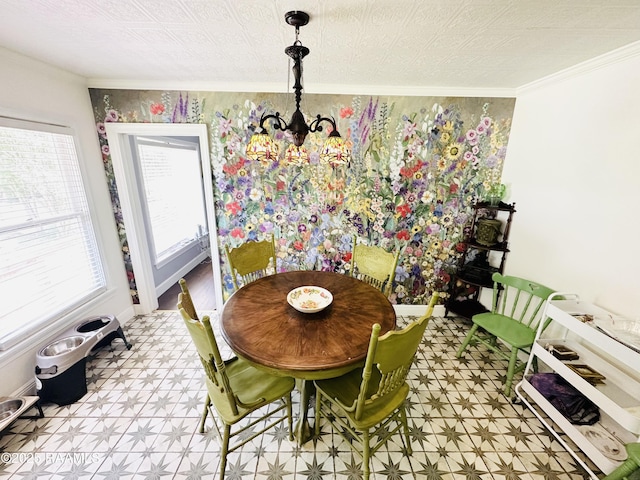 201 Edgewood Dr, Lafayette, LA 70503 - dining room featuring light floors, a chandelier, and crown molding