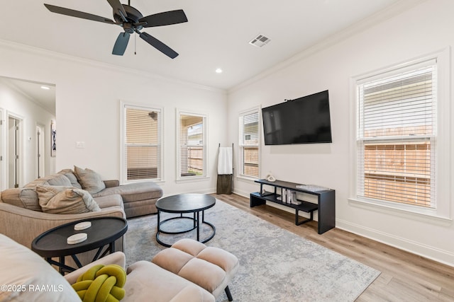 222 Alpine Dr, Lafayette, LA 70506 - living area with ornamental molding, wood finished floors, a ceiling fan, and recessed lighting