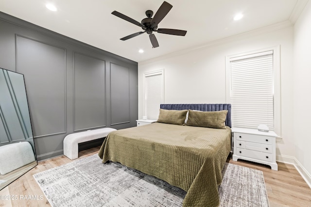 222 Alpine Dr, Lafayette, LA 70506 - bedroom featuring crown molding, light wood-style flooring, recessed lighting, and ceiling fan