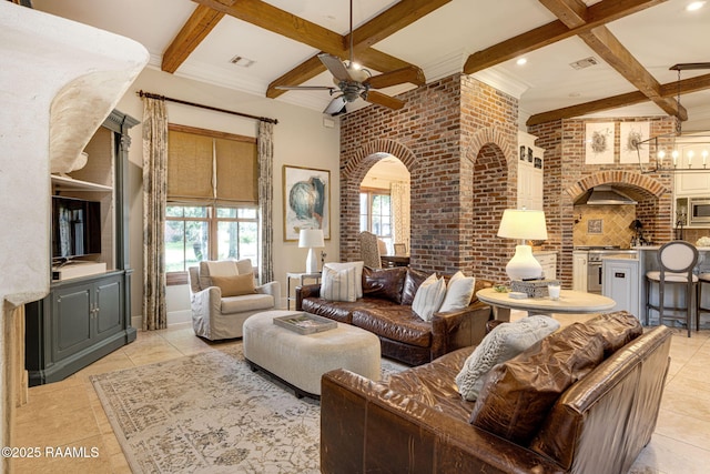 101 Enclave Ct, Lafayette, LA 70508 - living area with coffered ceiling, beam ceiling, a ceiling fan, arched walkways, and light tile patterned flooring