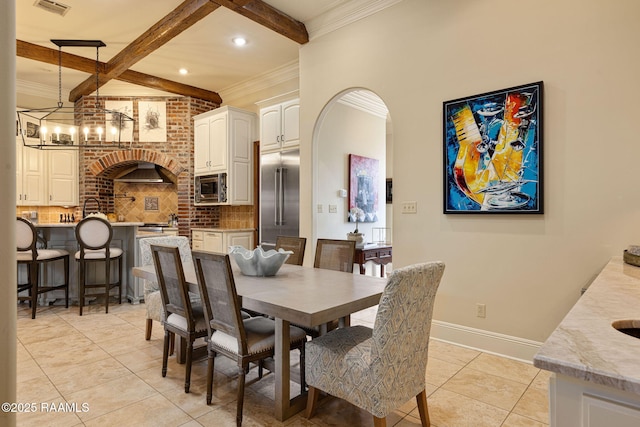 101 Enclave Ct, Lafayette, LA 70508 - dining room with crown molding, beamed ceiling, light tile patterned floors, recessed lighting, and a chandelier