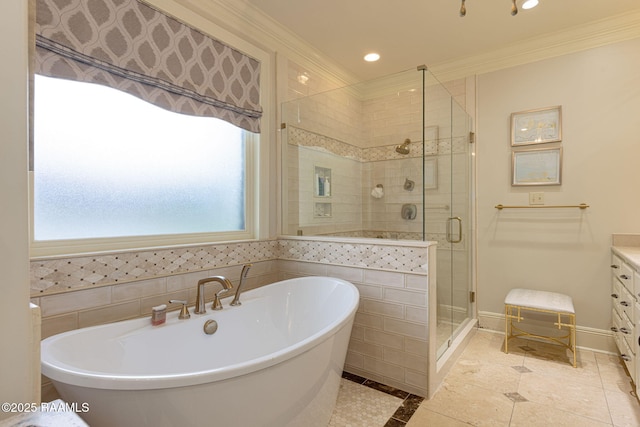 101 Enclave Ct, Lafayette, LA 70508 - full bathroom with crown molding, a soaking tub, a shower stall, vanity, and recessed lighting