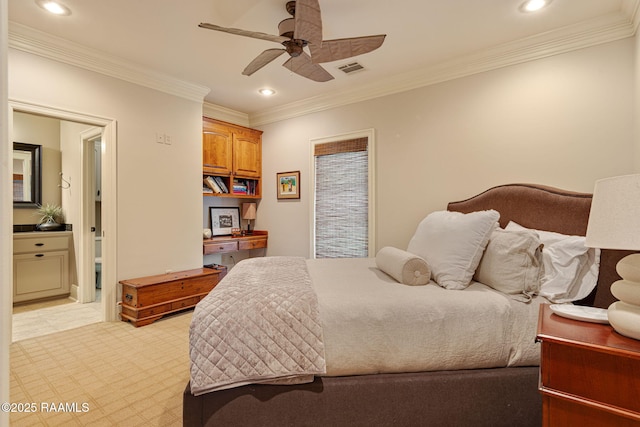 101 Enclave Ct, Lafayette, LA 70508 - bedroom with crown molding, recessed lighting, connected bathroom, and a ceiling fan