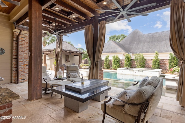 101 Enclave Ct, Lafayette, LA 70508 - view of patio / terrace with a ceiling fan, an outdoor hangout area, an in-ground hot tub, and a gazebo