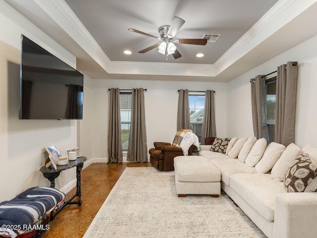 1166 Madeline Hts, Breaux Bridge, LA 70517 - living area with ornamental molding, a raised ceiling, ceiling fan, and recessed lighting