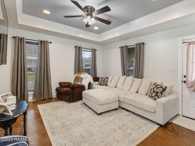 1166 Madeline Hts, Breaux Bridge, LA 70517 - living area featuring crown molding, a raised ceiling, ceiling fan, and recessed lighting