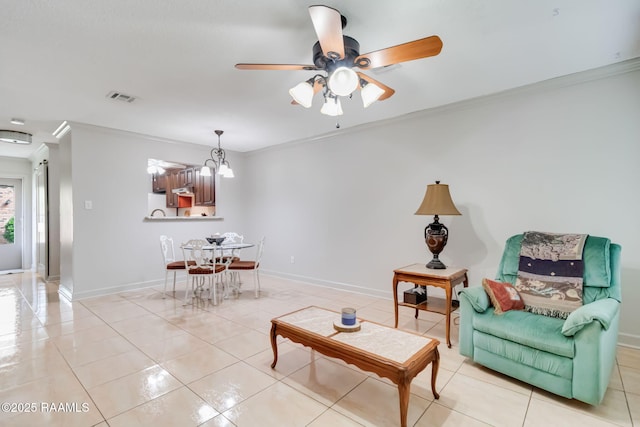 209 Long Plantation Unit A, Lafayette, LA 70508 - living room with crown molding, ceiling fan, light tile patterned floors, and a chandelier